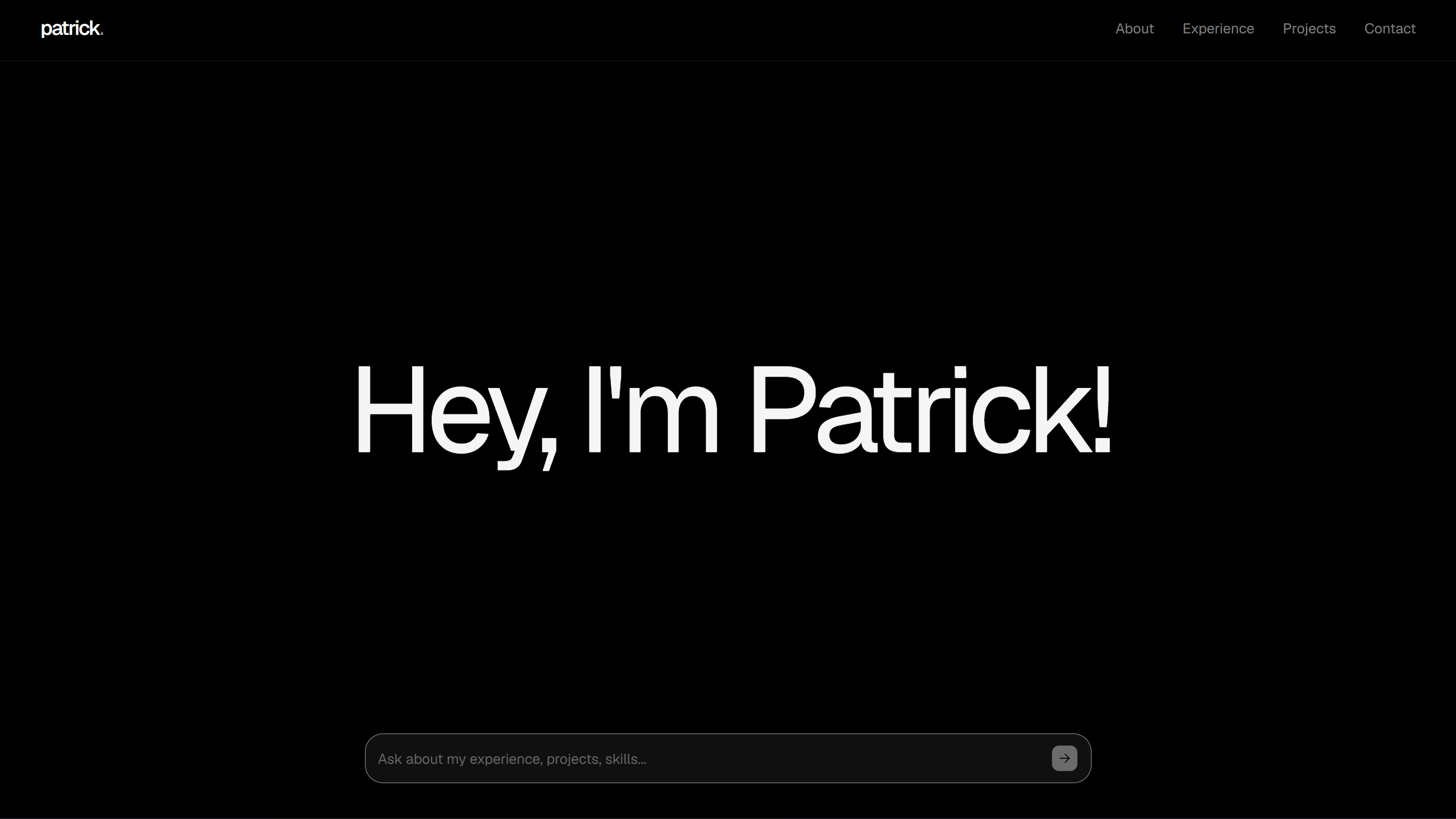 Agentic Portfolio home page with the greeting Hey, I'm Patrick!