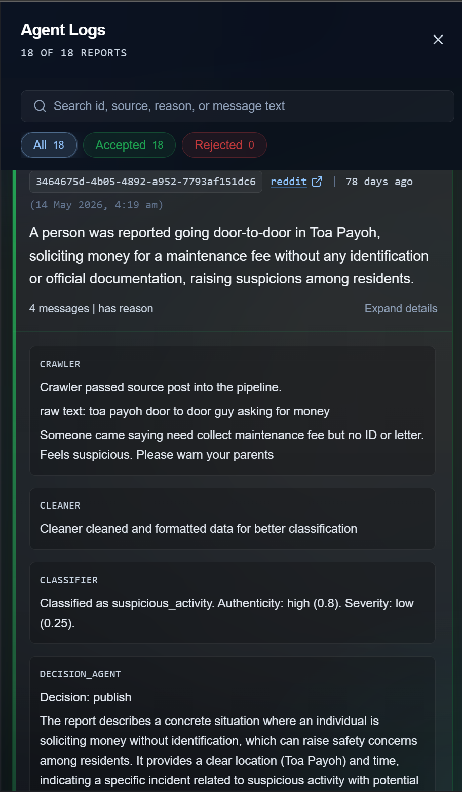 SafeWatch agent logs showing accepted and rejected reports